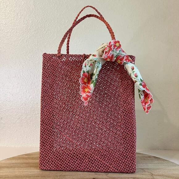 Vintage 70s Pink Mesh Weaved Square Open Style Top Handle Bag with Bow Bandana - Picture 1 of 16